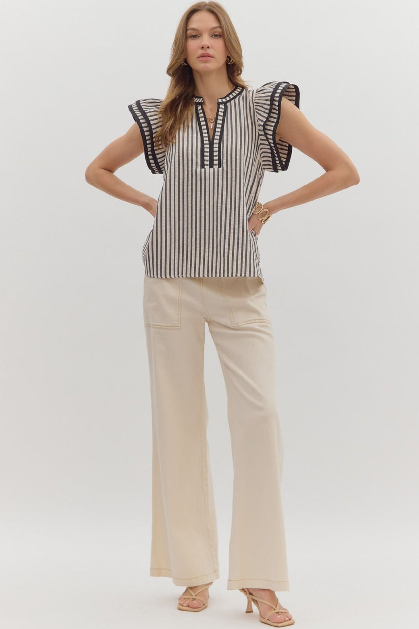T27656 Black Stripe Flutter Sleeve