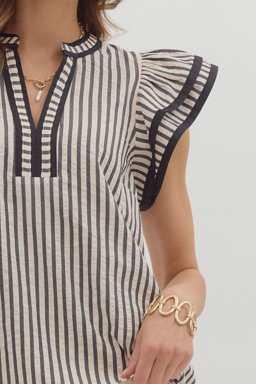 T27656 Black Stripe Flutter Sleeve