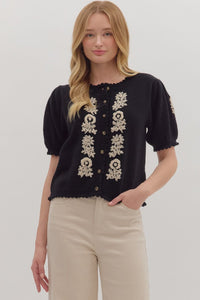 T28485 Black Floral Knit Sweater