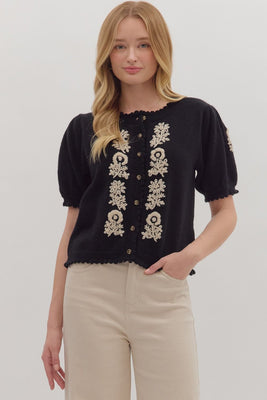 T28485 Black Floral Knit Sweater
