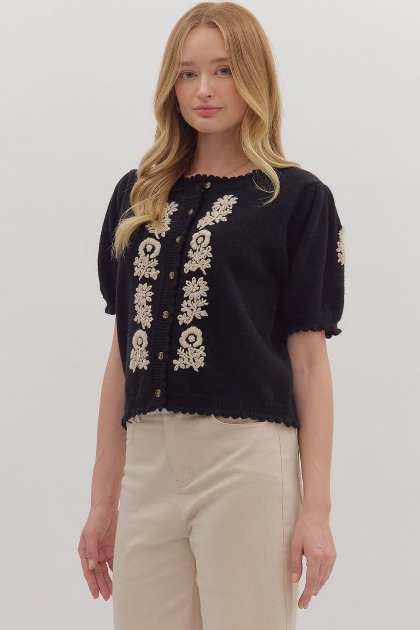 T28485 Black Floral Knit Sweater