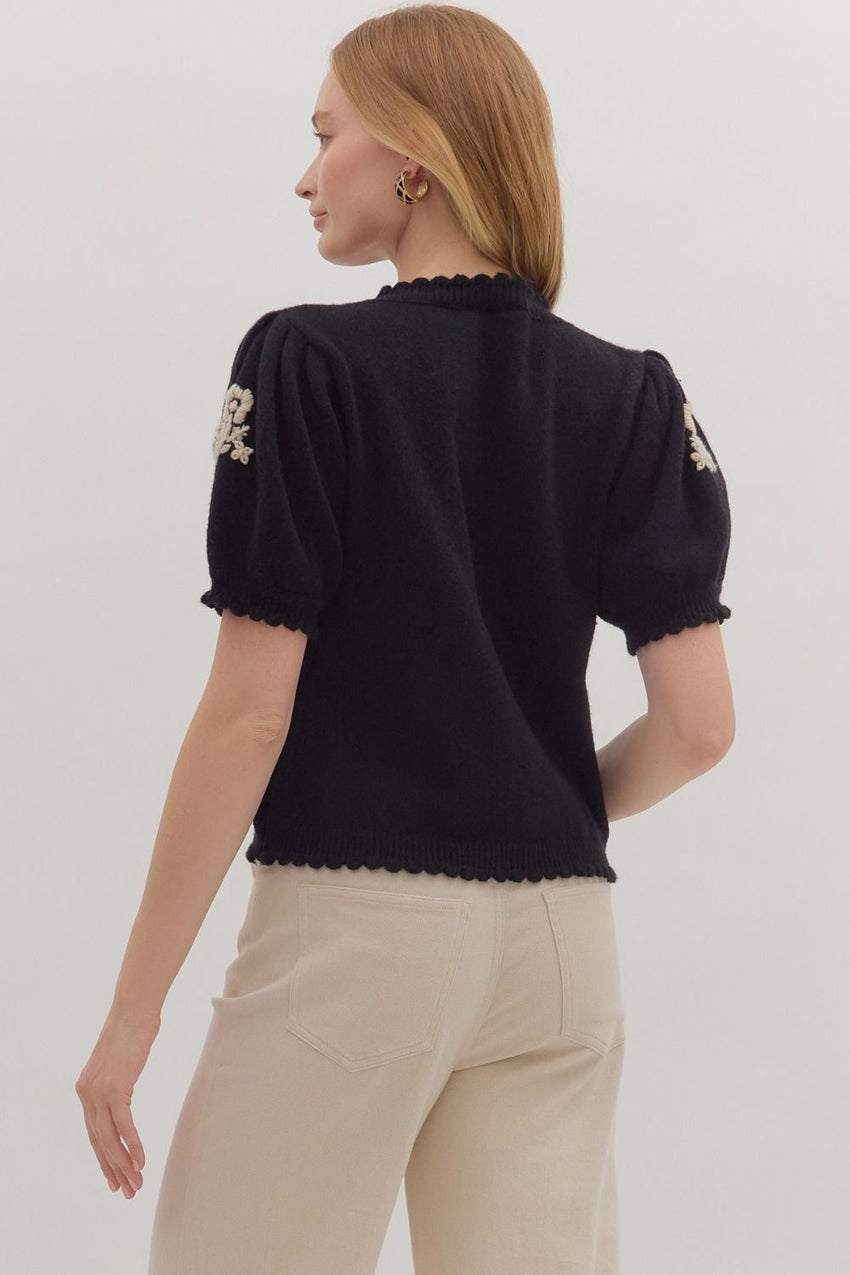 T28485 Black Floral Knit Sweater