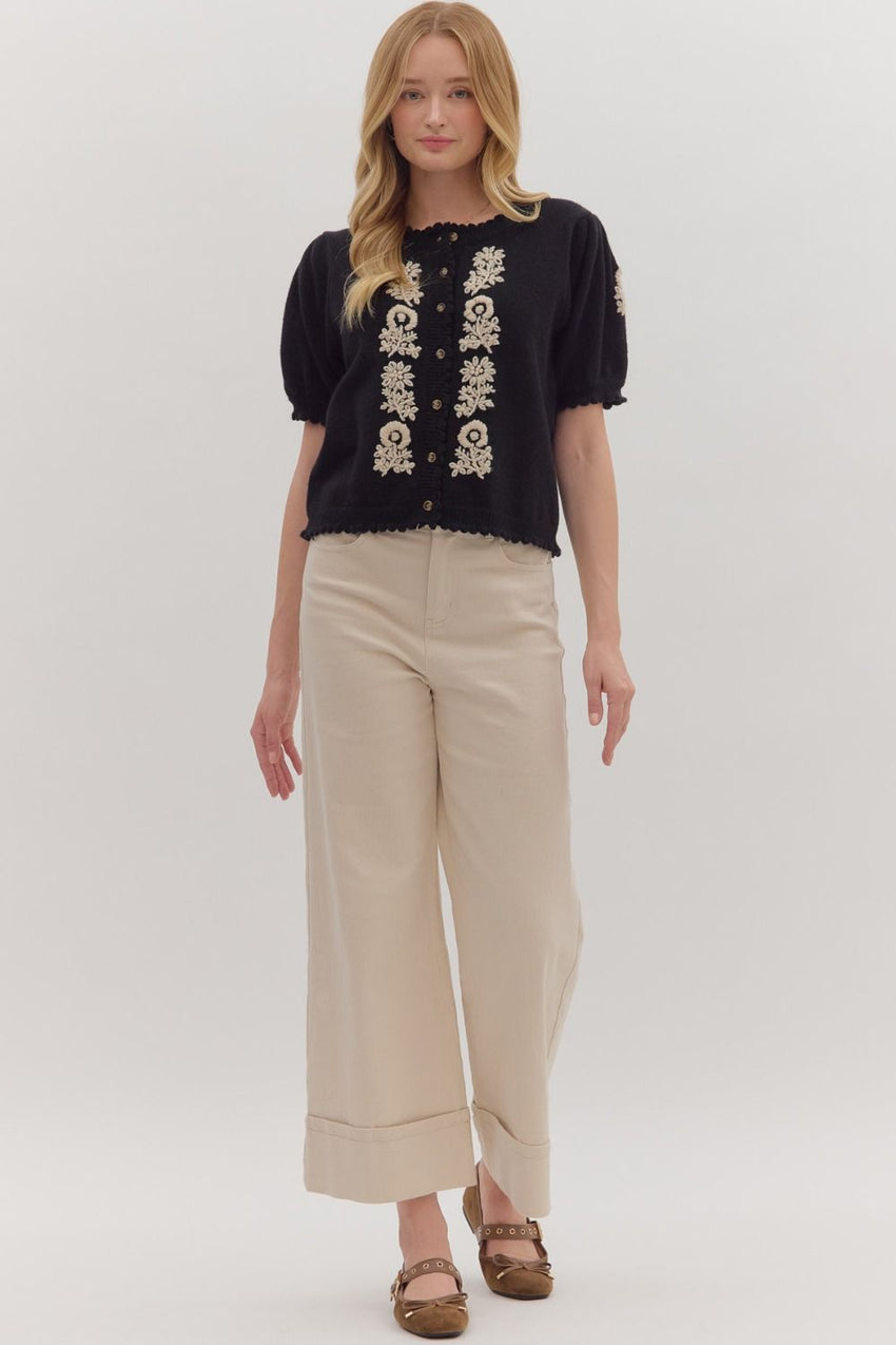 T28485 Black Floral Knit Sweater