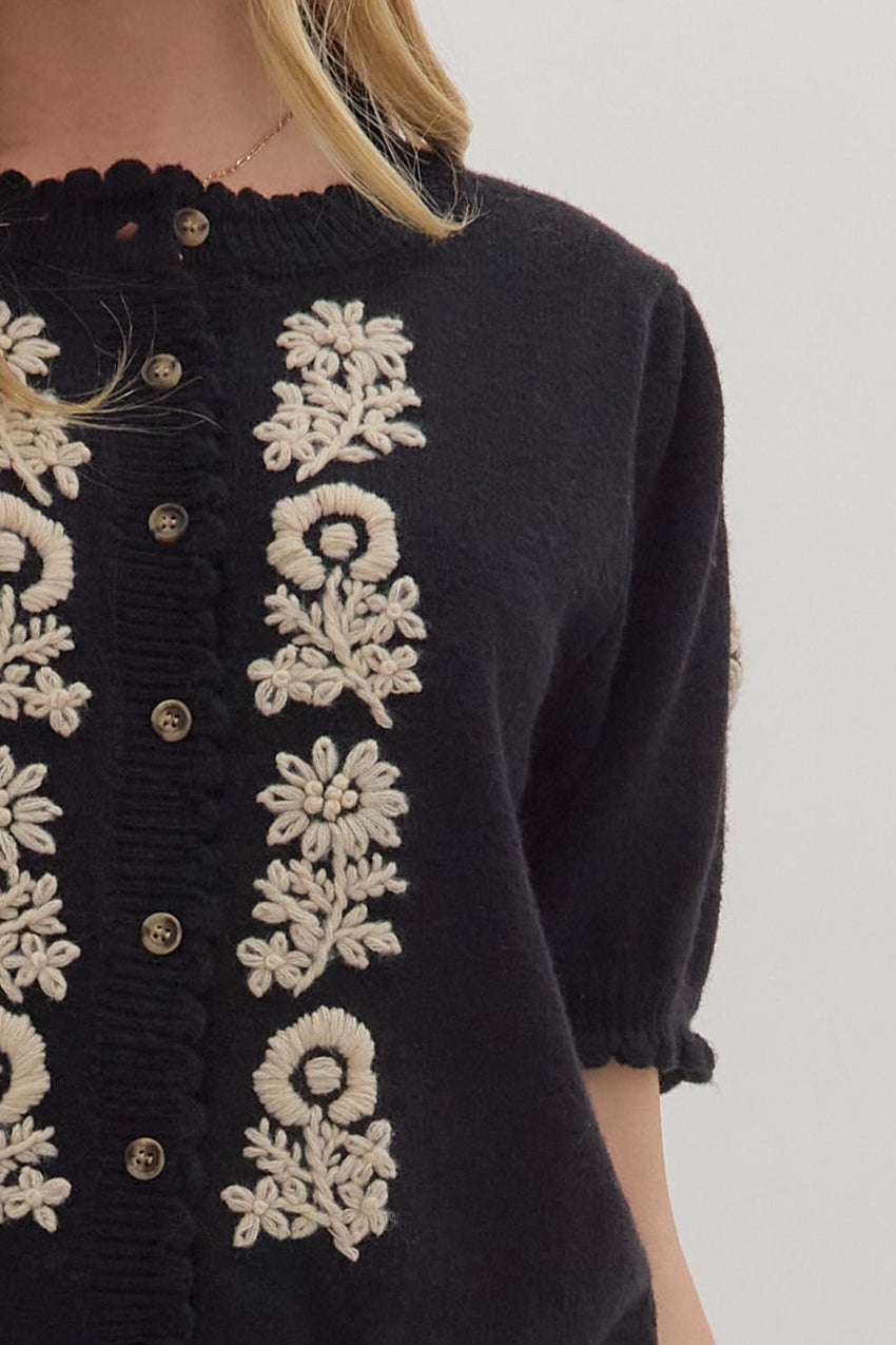 T28485 Black Floral Knit Sweater