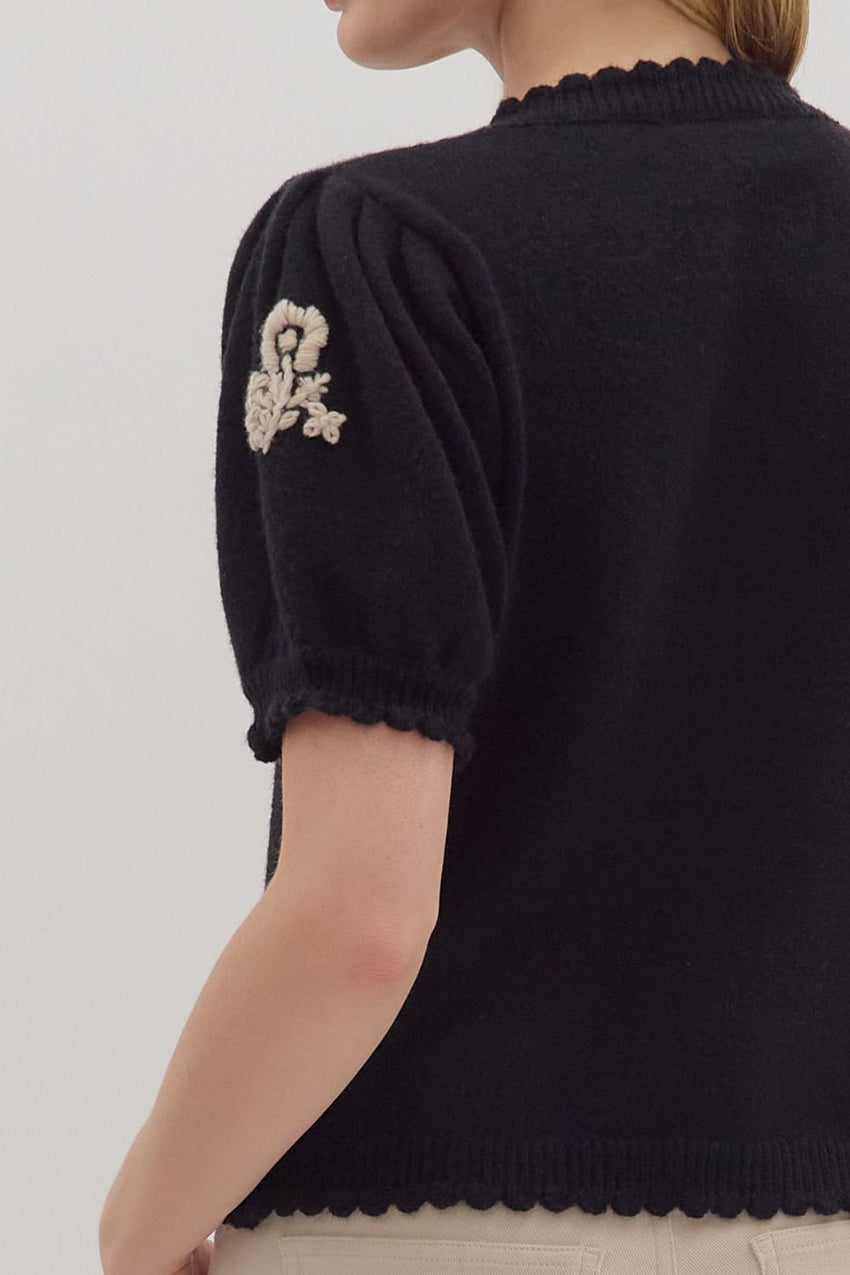 T28485 Black Floral Knit Sweater