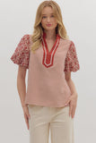 T28181 Striped Puff Sleeve Top Brick