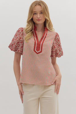 T28181 Striped Puff Sleeve Top Brick