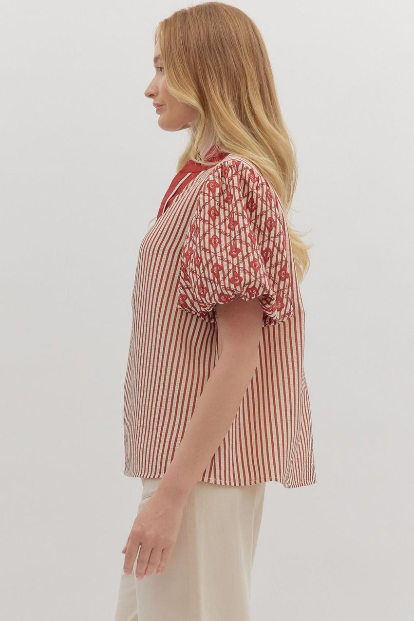 T28181 Striped Short Puff Sleeve