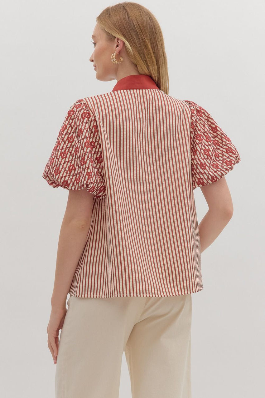T28181 Striped Short Puff Sleeve