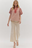 T28181 Striped Puff Sleeve Top Brick