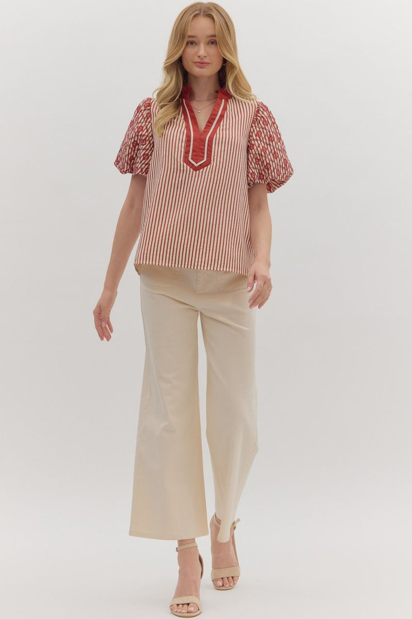 T28181 Striped Short Puff Sleeve
