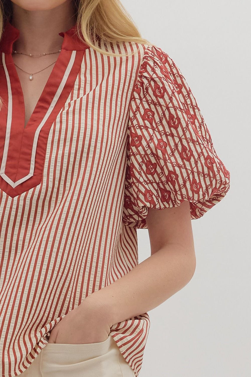 T28181 Striped Puff Sleeve Top Brick