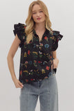 T28246 Black Floral Print Flutter Sleeve