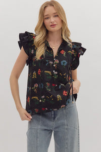 T28246 Black Floral Print Flutter Sleeve