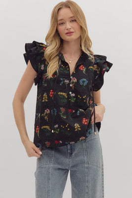 T28246 Black Floral Print Flutter Sleeve