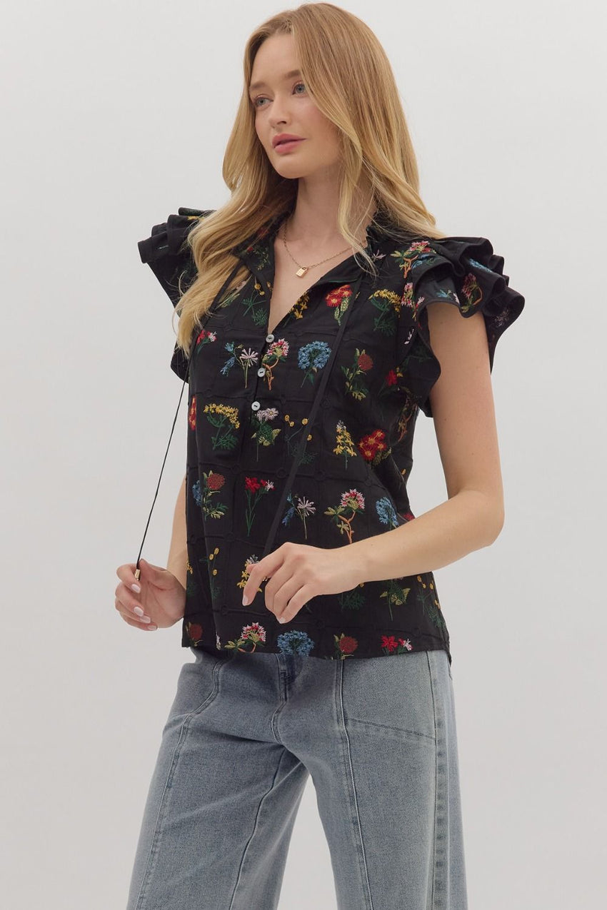 T28246 Black Floral Print Flutter Sleeve
