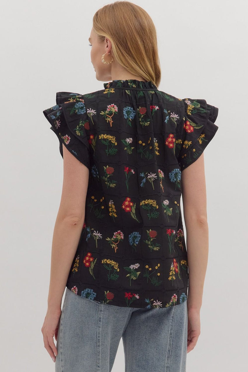T28246 Black Floral Print Flutter Sleeve