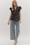 T28246 Black Floral Print Flutter Sleeve