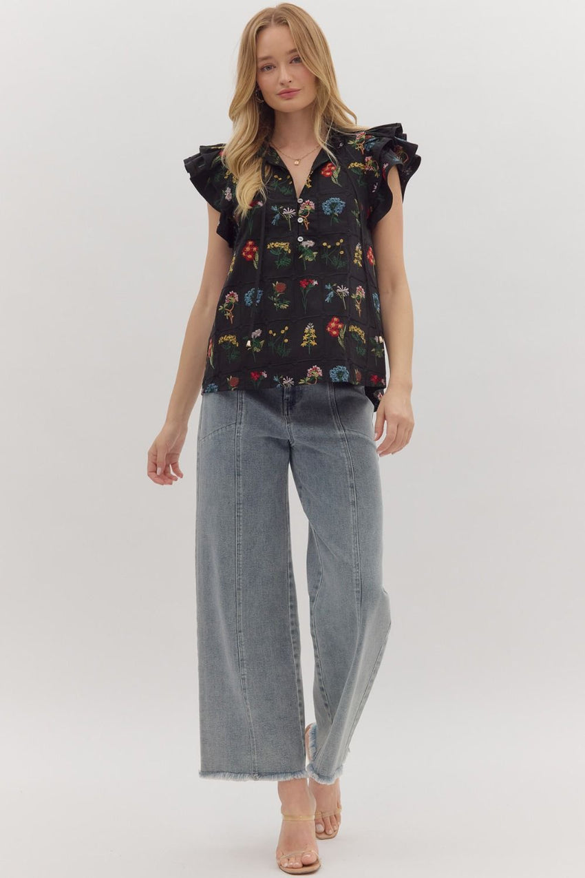 T28246 Black Floral Print Flutter Sleeve