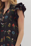 T28246 Black Floral Print Flutter Sleeve