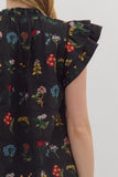 T28246 Black Floral Print Flutter Sleeve