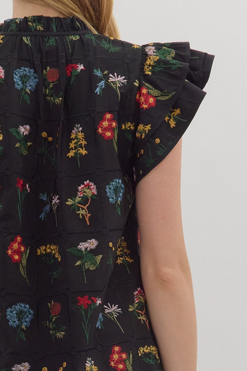 T28246 Black Floral Print Flutter Sleeve