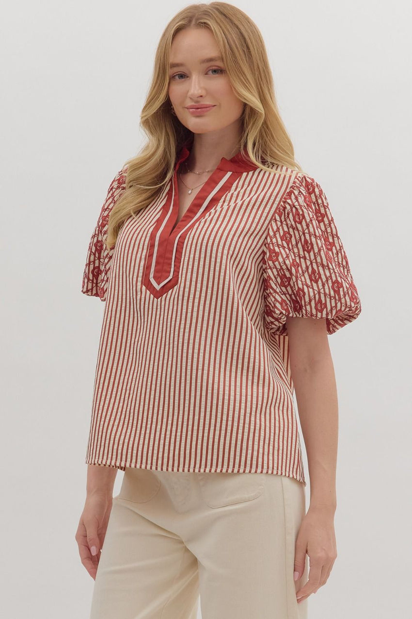 T28181 Striped Short Puff Sleeve