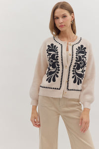 J28736 Oatmeal/Black Cardigan Sweater
