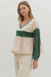 T28144 Colorblock L/S Ruffle Hem Top