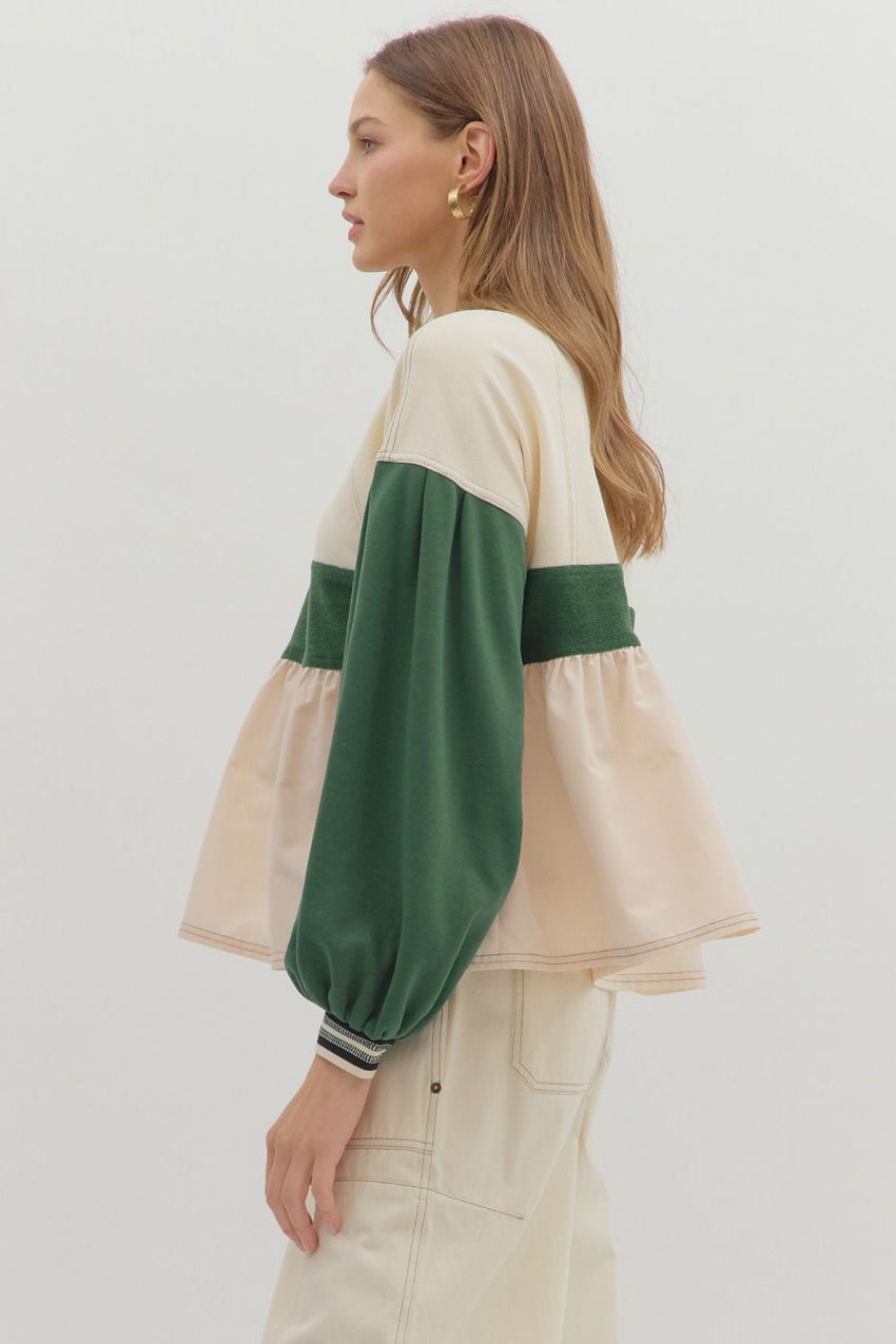 T28144 Colorblock L/S Ruffle Hem Top