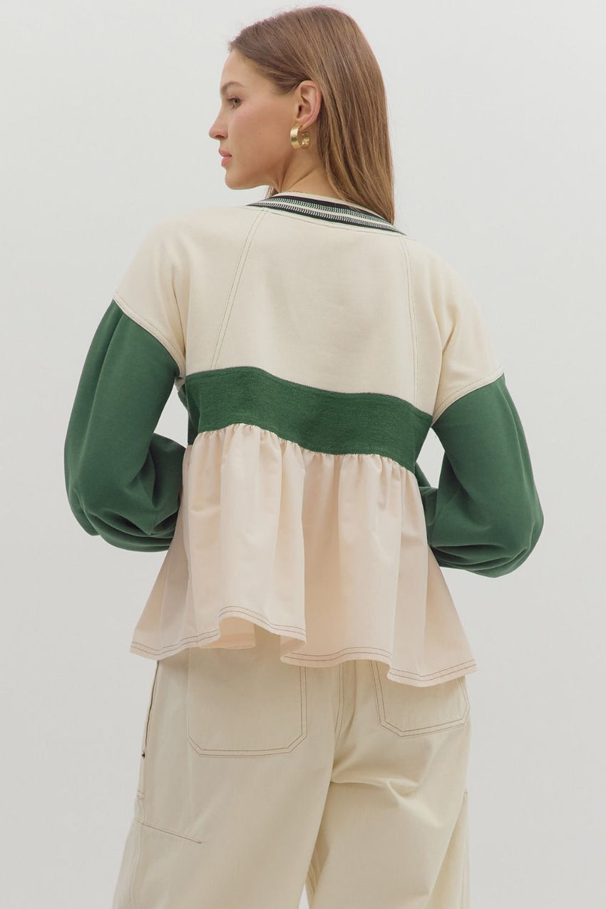 T28144 Colorblock L/S Ruffle Hem Top