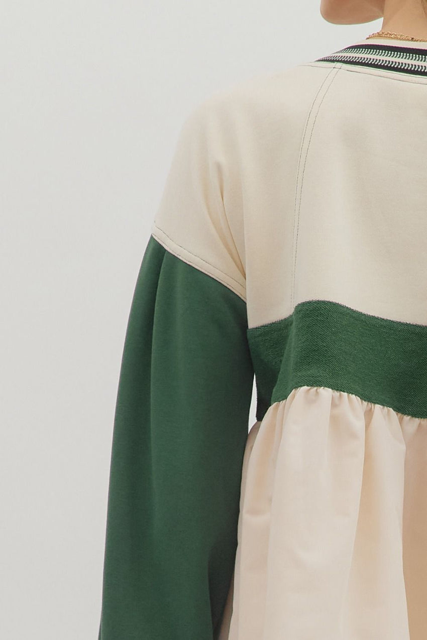 T28144 Colorblock L/S Ruffle Hem Top