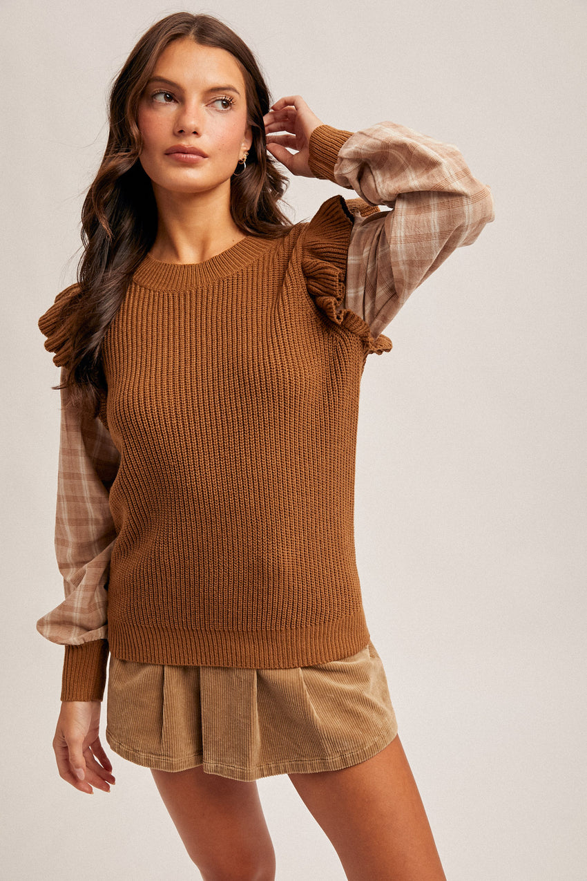 38584 Plaid Sleeve Sweater