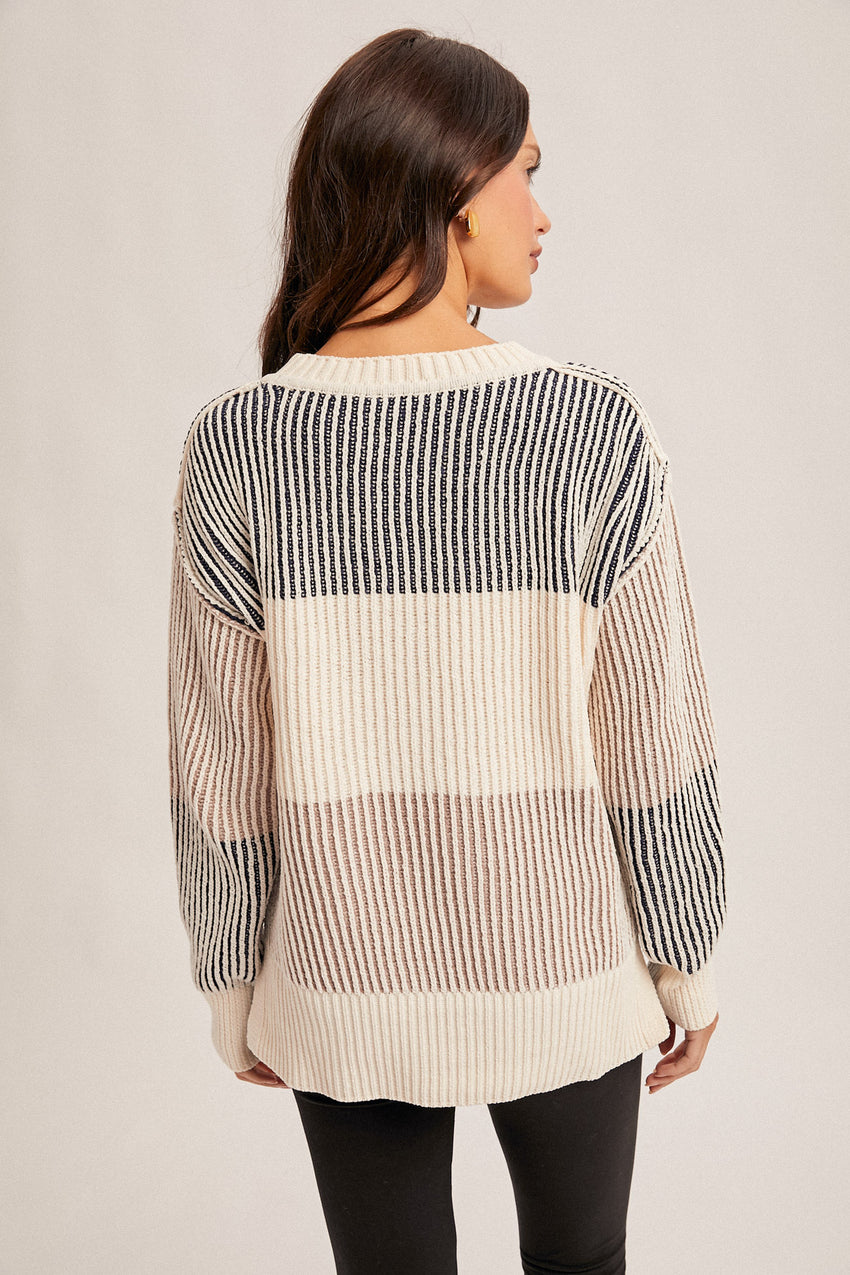36419 Navy/Taupe Striped Sweaters