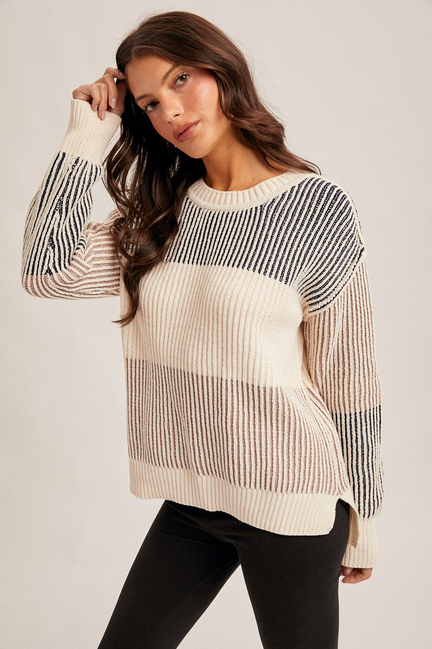 36419 Navy/Taupe Striped Sweaters