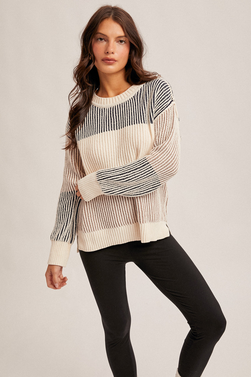 36419 Navy/Taupe Striped Sweaters