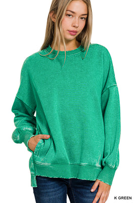 OTW-4552Y  Acid Wash Pullover Kelly Green