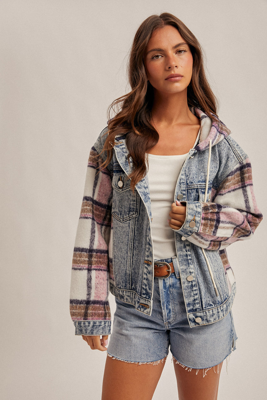 Brushed Plaid Contrast Hoodie Denim