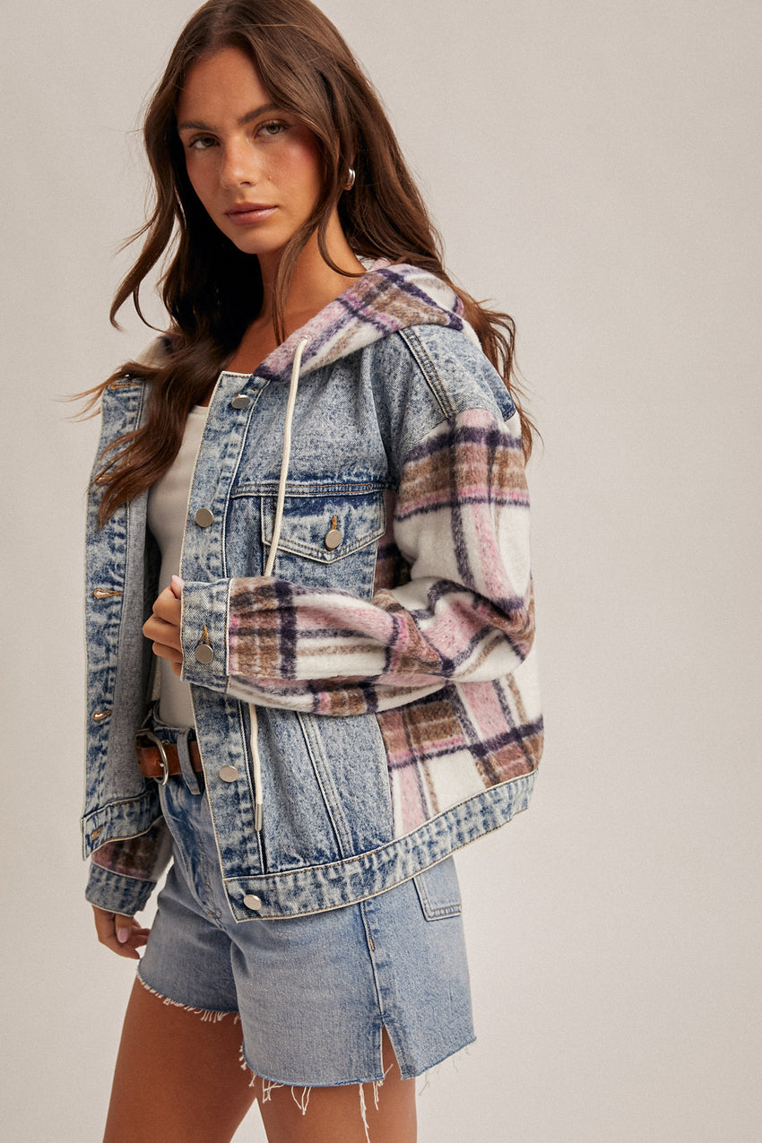 Brushed Plaid Contrast Hoodie Denim