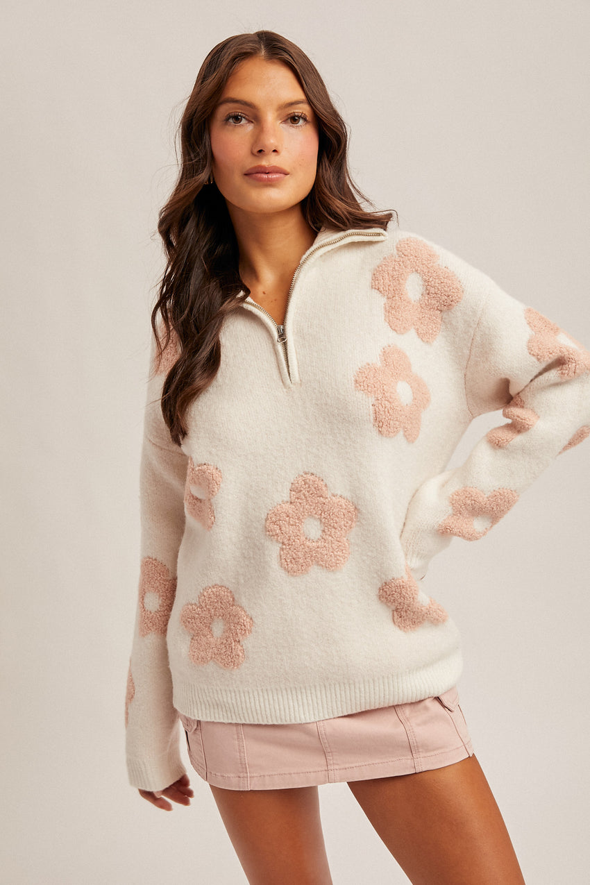 38640 Floral Zip Up Sweater