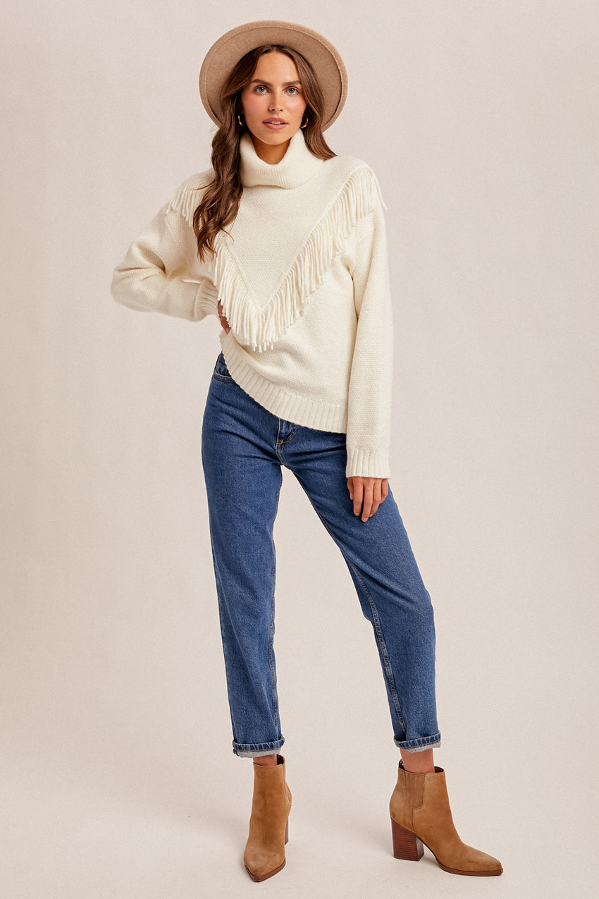 38693 Fringe Mock Neck Sweater