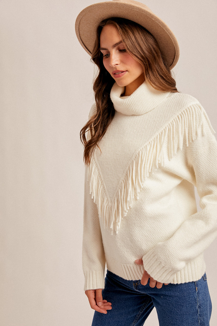 38693 Fringe Mock Neck Sweater