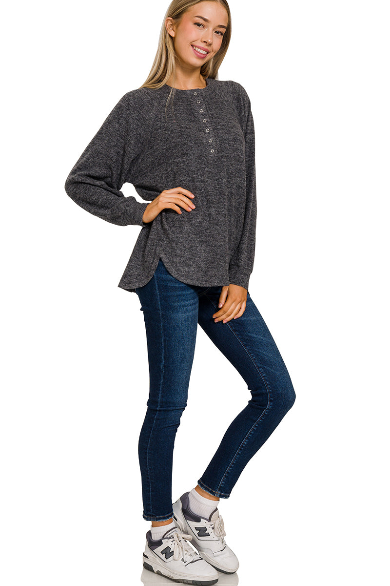 HT-2321A Brushed 7 Button Henley Sweater Blk