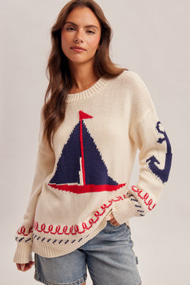 37922 Crew Neck Sailboat Sweater