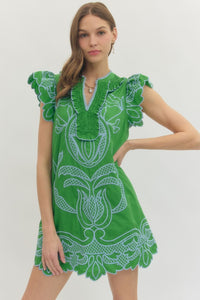 D30039 Embroidered Flutter Sleeve Dress