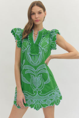 D30039 Embroidered Flutter Sleeve Dress