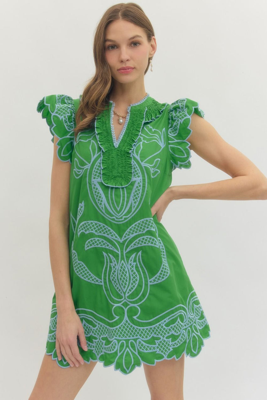 D30039 Embroidered Flutter Sleeve Dress