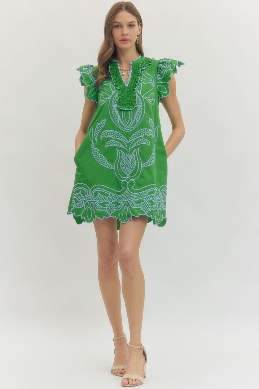 D30039 Embroidered Flutter Sleeve Dress