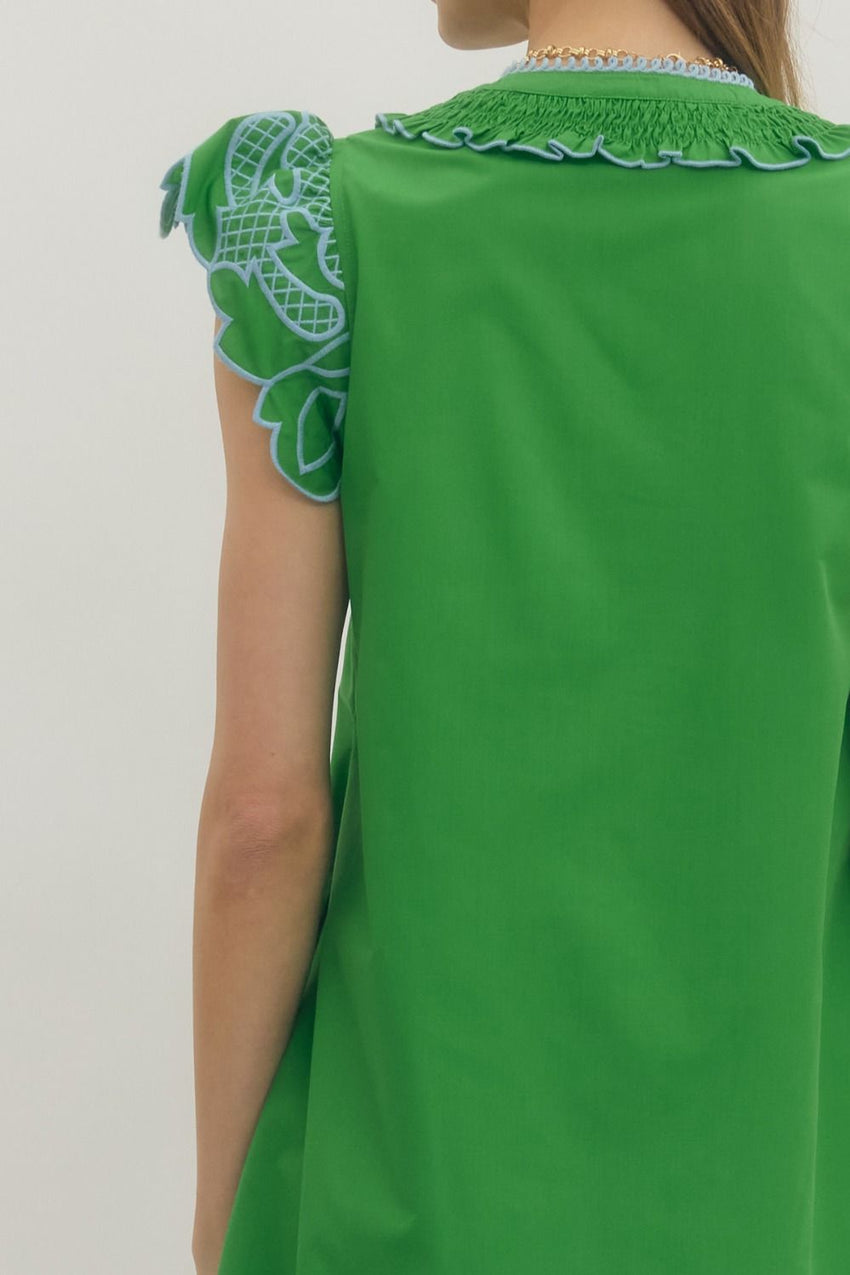 D30039 Embroidered Flutter Sleeve Dress