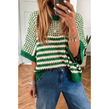 Green Striped 3/4 Sl Sweater